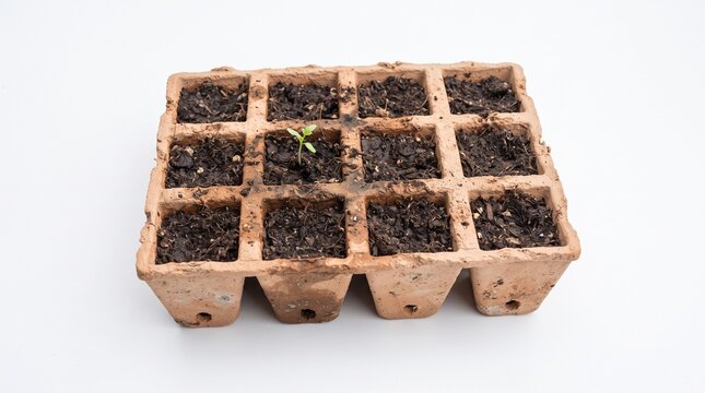 Biodegradable peat seed starter tray with soil, small green seedling sprout emerging from peat pot, spring eco friendly gardening tray setup
