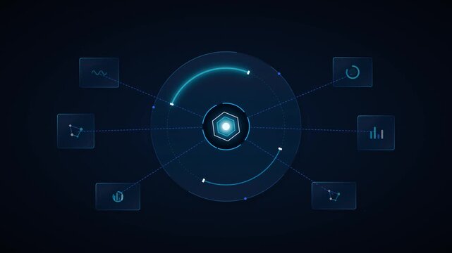 A premium futuristic 3D digital interface animation. A central AI core scans, connects, analyzes, and activates a network of surrounding data modules in a highly sophisticated, cinematic glassmorphism