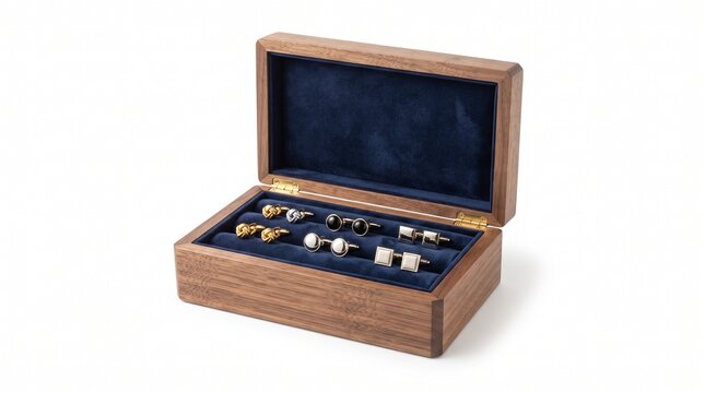 Luxury wooden cufflink box with velvet lining, elegant men's jewelry storage case, executive accessory organizer on white background