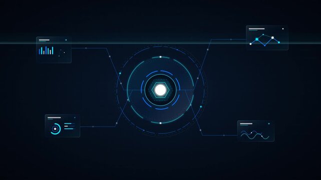 Premium corporate futuristic AI HUD with sequentially appearing elements, rotating circular rings, flowing data particles, and a horizontal scanning line in a clean dark navy environment.