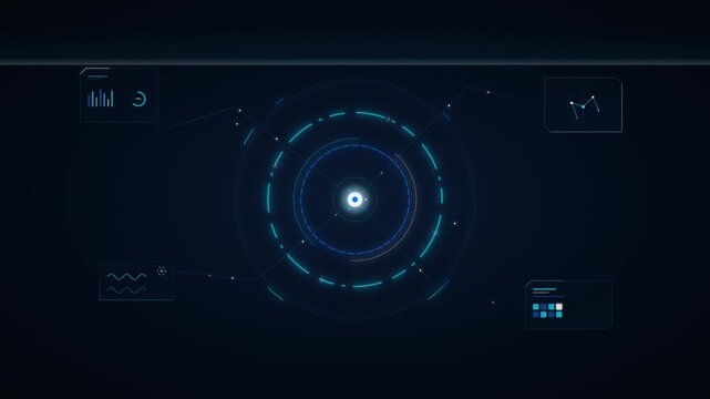 Premium corporate futuristic AI HUD with sequentially appearing elements, rotating circular rings, flowing data particles, and a horizontal scanning line in a clean dark navy environment.