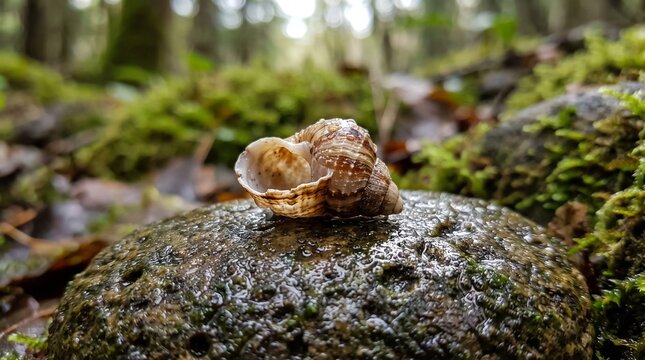 Macro photography of an empty snail shell resting on a wet mossy stone in a forest