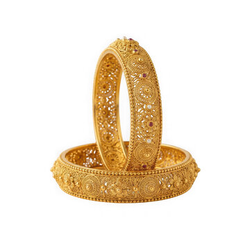 Traditional indian gold bangles with intricate filigree work isolated on transparent background