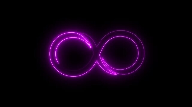 Glowing purple infinity symbol neon sign animation on black background