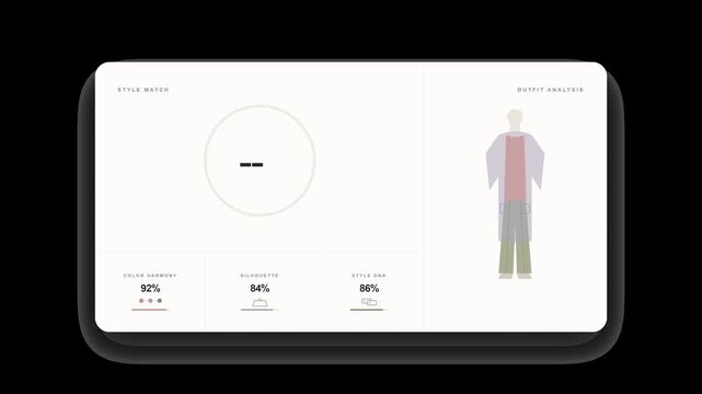 A premium fashion app recommendation interface featuring an animated style match percentage, outfit analysis, fashion attributes, and a refined recommendation reveal.
