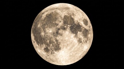 Fototapeta premium Full moon isolated on black background, detailed lunar surface photography, glowing astronomical supermoon for astronomy space background