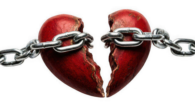 Broken heart held together by metal chains isolated on transparent background