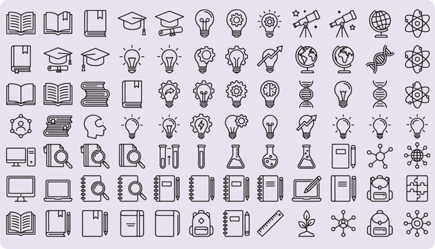 Education science and knowledge icon set featuring books graduation caps lightbulbs and atoms education icons science symbols books vector graduation cap atom structure learning elemen