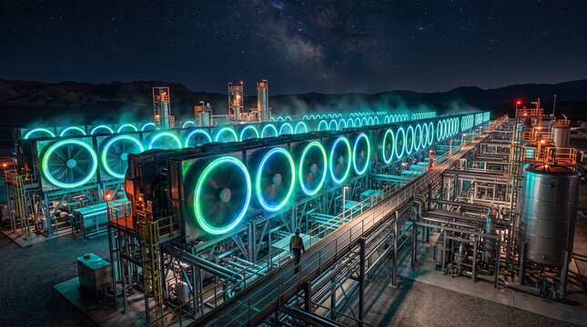 High Tech Carbon Capture Facility Illuminated with LEDs at Night
