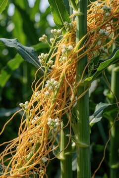 Yellow parasitic dodder plant grows on green corn stalks in farm field. Invasive Cuscuta campestris vine wraps around crop stems with small white flowers. Agricultural pest damages vegetation in