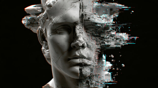 Half marble half pixels: antique Greek sculpture face disintegrating into digital blocks and flying particles, glitch sculpture about digital transformation and synthetic identity on black