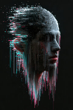 Pixel sorting portrait: male head built from grey pixel cubes melting downward into vertical magenta and cyan glitch streaks, digital identity distortion artwork on black background