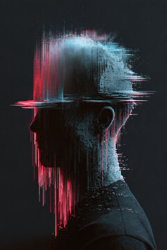 Digital identity distortion: profile of a man made of pixels dissolving into vertical pixel sorting drips, red and cyan glitch art portrait on a dark background with copy space
