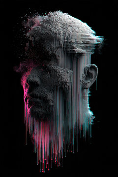 Pixelated face melting into vertical data streams, glitch art head of tiny cubes with pink and cyan chromatic aberration, synthetic identity and deepfake concept poster on black