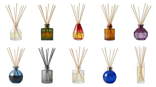 Collection of various glass reed diffusers with aromatic oils isolated on transparent background