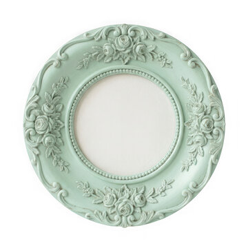 Vintage mint green round ornate picture frame isolated on transparent background