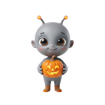 Cute cartoon alien character holding a glowing jackolantern pumpkin isolated on transparent background