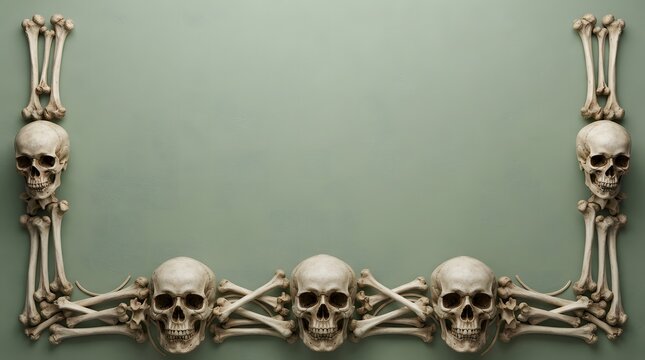 A spooky decorative frame constructed from human skulls and bones arranged in a rectangular shape isolated on a plain light green background