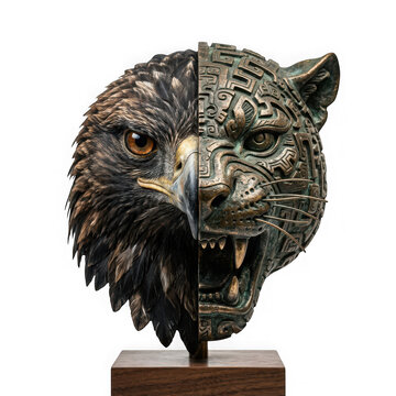 Split face sculpture of an eagle and a patterned jaguar isolated on transparent background