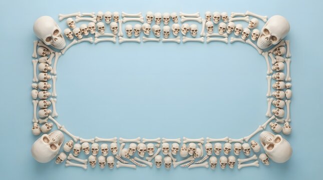 Seashells arranged in a rectangular frame on a light blue background creating a coastal border for text or design