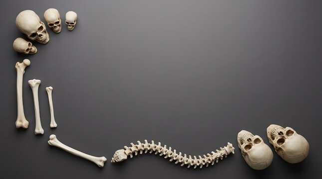 Arrangement of animal skeletal remains including skulls vertebrae and limb bones on a dark gray background