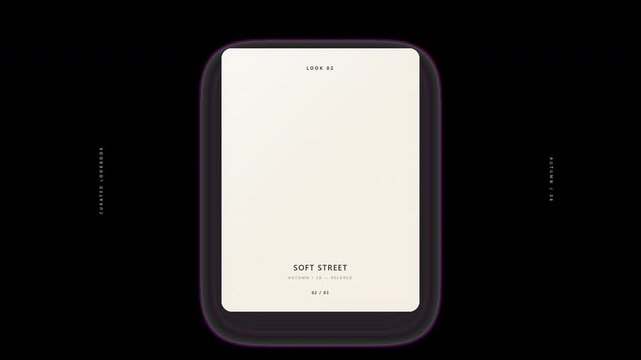 A premium editorial fashion UI animation featuring a curated lookbook card that physically flips between distinct fashion looks with refined garment illustrations, editorial typography, and sophistica