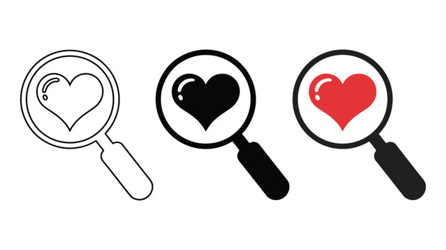 Magnifying glass with heart symbolizing love discovery, health, passion, emotional connection, care, affection, relationship, and modern search concepts