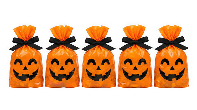 Five orange plastic halloween treat bags with pumpkin faces isolated on transparent background