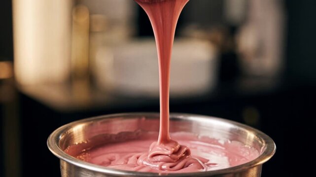 Thick warm pink depilation wax stretches smoothly from a wooden spatula above a professional salon bowl, showing its glossy texture and elastic consistency.