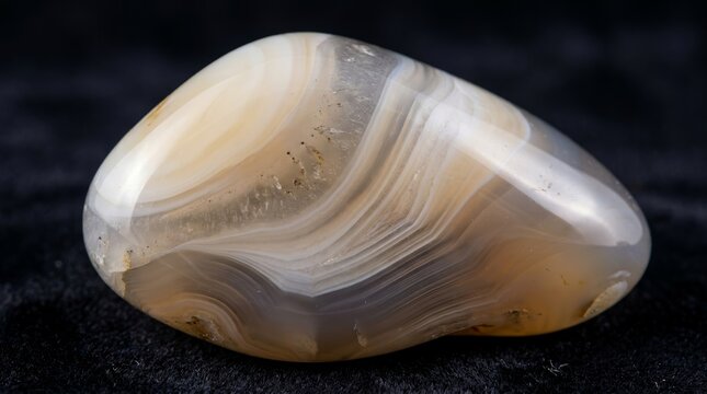 Close-up of a polished banded agate chalcedony crystal. Natural gemstone with swirling layers of white and beige on a dark background. Geological mineral specimen