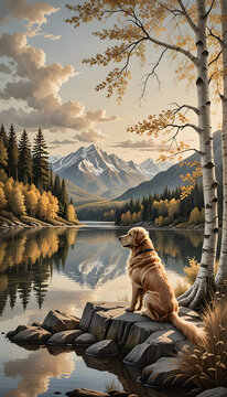 mountain landscape with lake and retriver