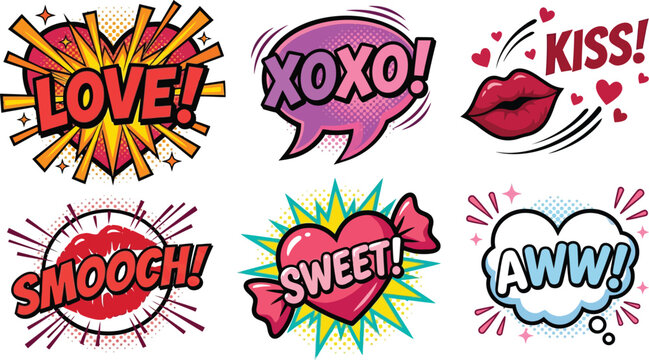 Pop art comic speech bubbles with love phrases, vibrant vector illustration for romantic greeting card designs