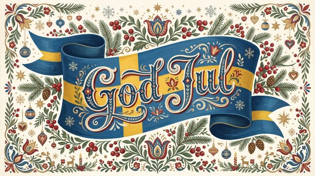 Premium Scandinavian Christmas greeting card with Swedish flag, folk art decorations and elegant God Jul lettering