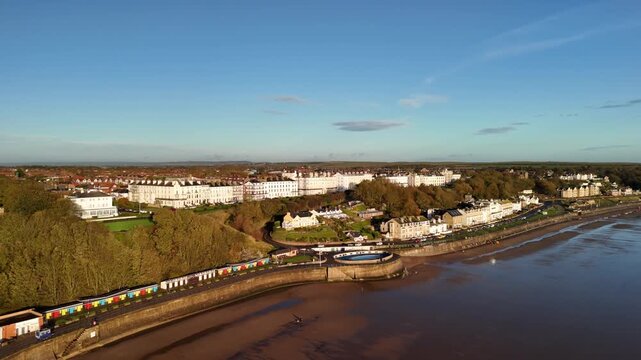 Aerial View of Filey Seafront Promenade with Lido Pool Beach Huts and Town