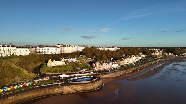 Aerial Close View of Filey Seafront with Historic Lido Swimming Pool and Promenade