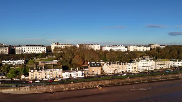 Aerial Panoramic View of Filey Georgian Terraced Houses Along Seafront Promenade