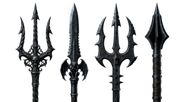 Four dark iron fantasy spears and tridents with gothic details isolated on transparent background