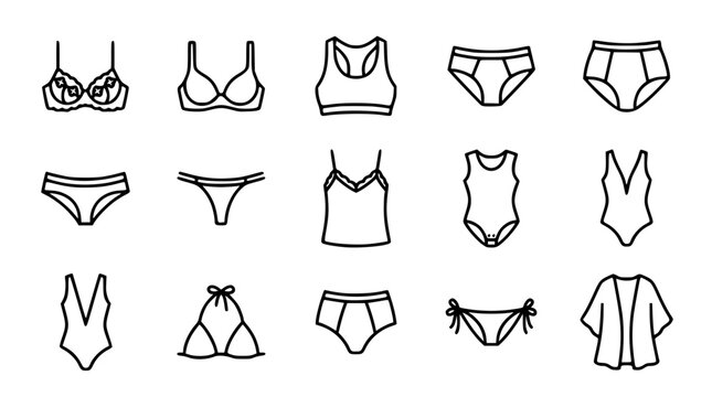 Women Underwear and Lingerie Line Icon Set with Bra Briefs Swimwear Camisole Bikini and Nightwear Symbols for Fashion App Design