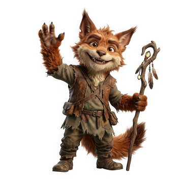 Foxlike fantasy adventurer creature holding a wooden staff isolated on transparent background