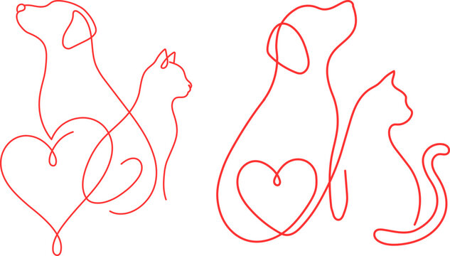 Continuous Red Line Art Drawing Of Dogs Cats And Love Hearts