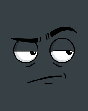 Funny cartoon face with a skeptical and annoyed expression on gray.