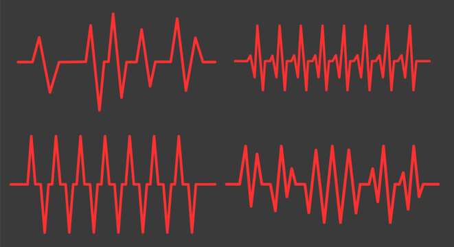 Red Heartbeat Pulse Line Waveforms On Dark Background For Medical Design.