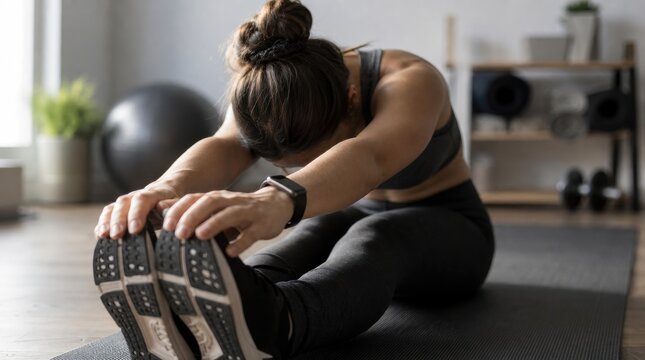 Wellness routine concept, fitness enthusiast stretching after exercise in a peaceful home gym