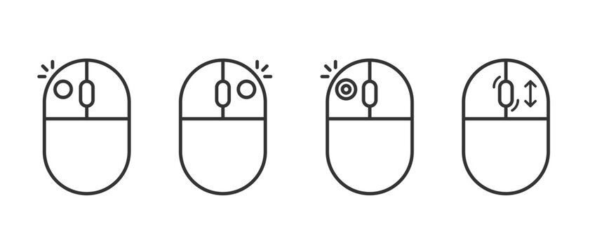 Set of computer mouse icons showing different actions like left click, right click, double click and scroll, simple line art vector illustration