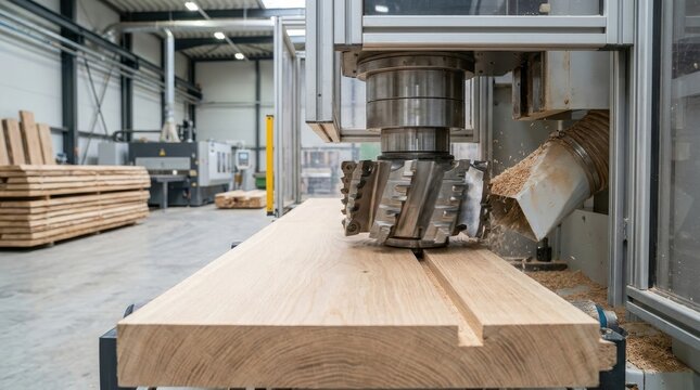 Wood milling process concept, industrial cutting machine shaping thick timber panels in a modern manufacturing facility