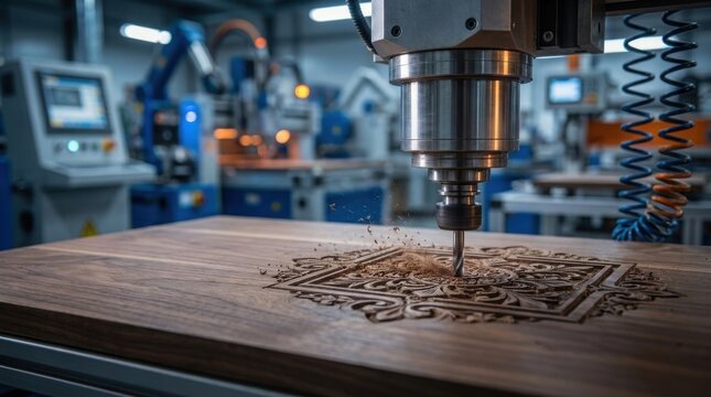Automated woodcraft concept, robotic machine engraving intricate decorative patterns into a hardwood panel inside a precision production workshop