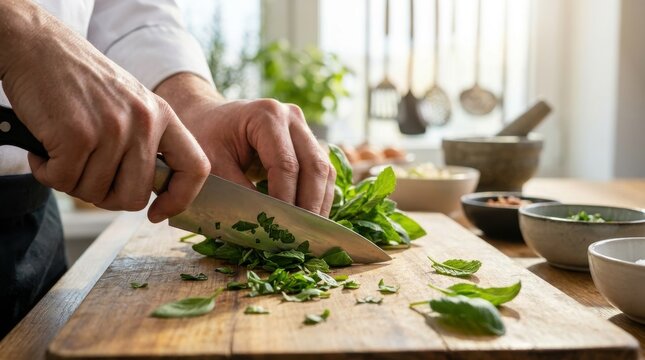 Fresh herb cuisine concept, culinary artist preparing seasonal ingredients and fresh herbs in a modern culinary studio