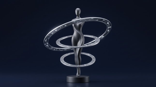 3d AI & Human Collaboration abstract background new design 2026 Modern silver abstract trophy with human figure and circular rings on dark base illustration