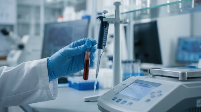 Gene therapy research concept, researcher examining blood samples in a biotechnology laboratory