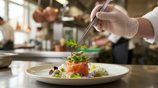Gourmet microgreens concept, chef plating freshly harvested microgreens on an elegant gourmet dish in an upscale restaurant kitchen